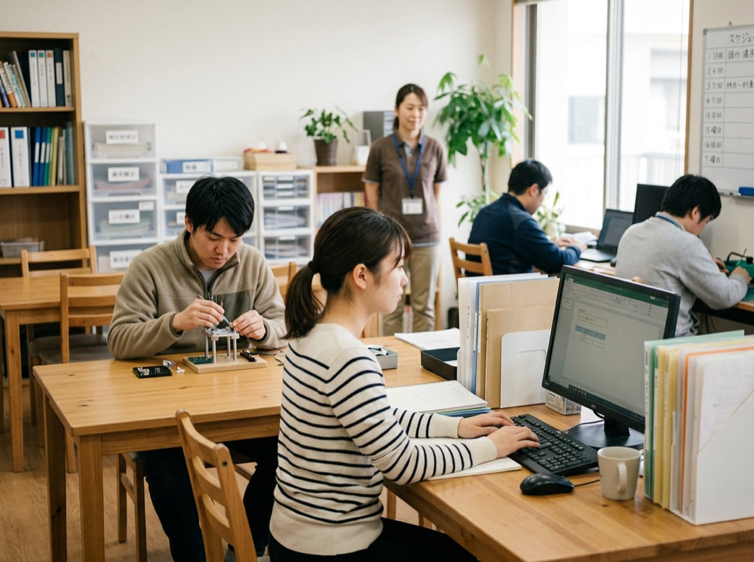 就労支援の作業スペースで相談する様子