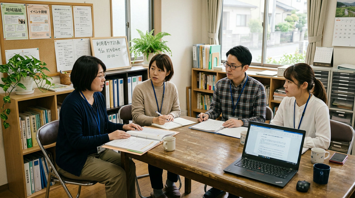 支援者と事業所スタッフが紹介について話している様子