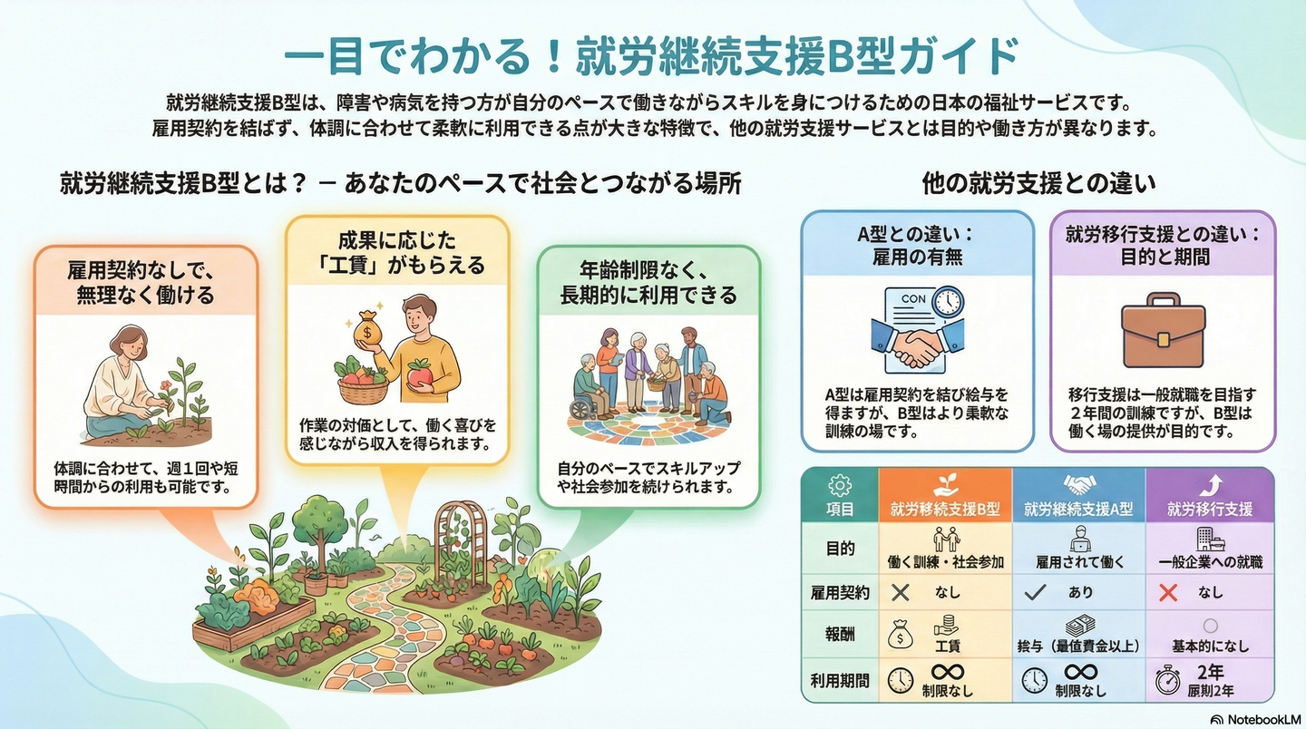 就労継続支援B型とは？A型や就労移行支援との違いをわかりやすく解説