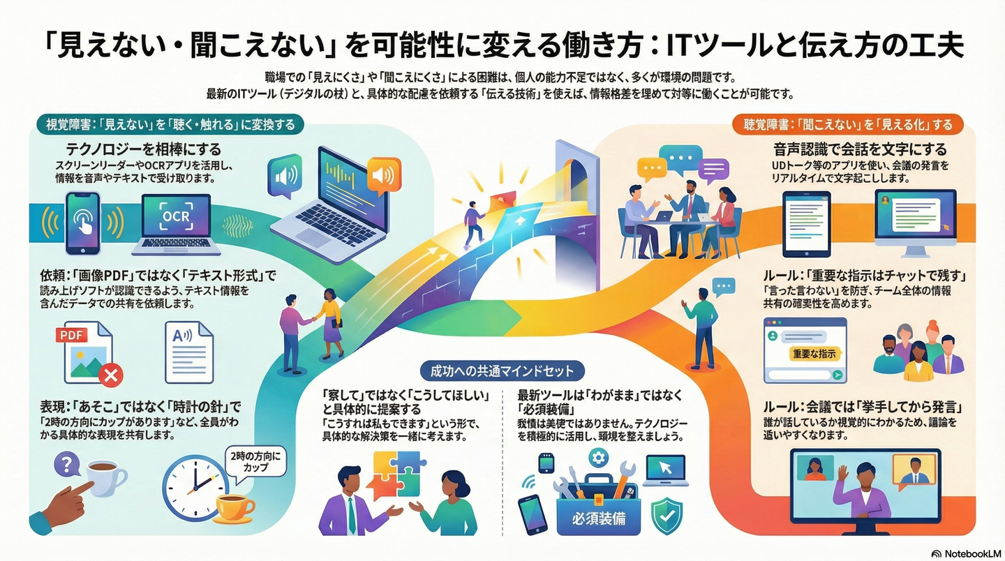 視覚障害・聴覚障害のある方の働き方｜ITツールと「合理的配慮」で広がる仕事の可能性 要約図解
