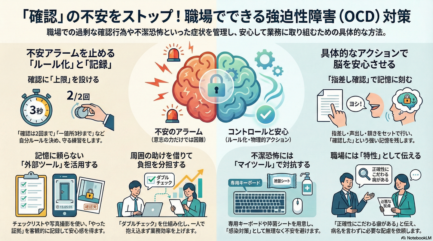 強迫性障害（OCD）と仕事｜「確認」の不安を減らし、スムーズに業務を進めるためのコツ 要約図解