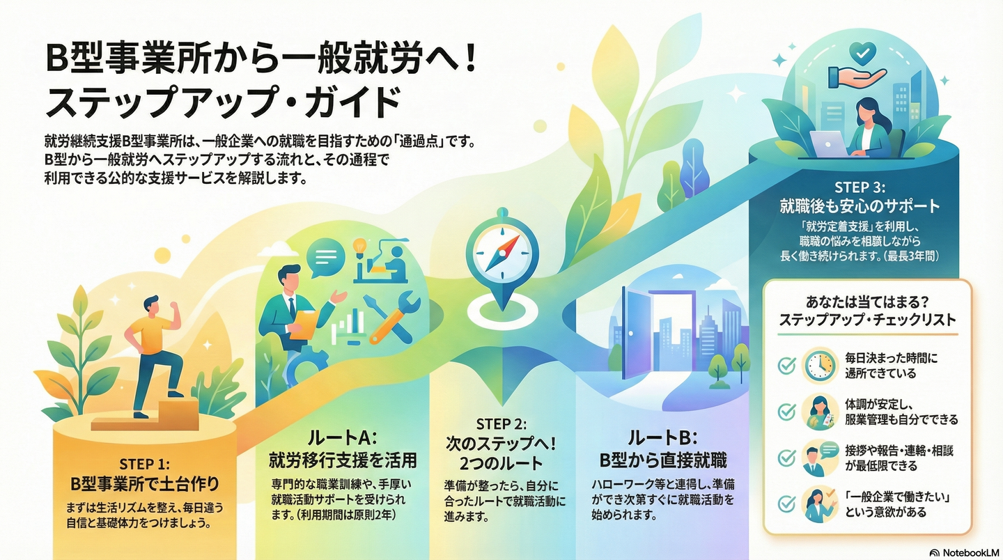 就労継続支援B型から一般就労を目指すには？ステップアップの流れと支援制度