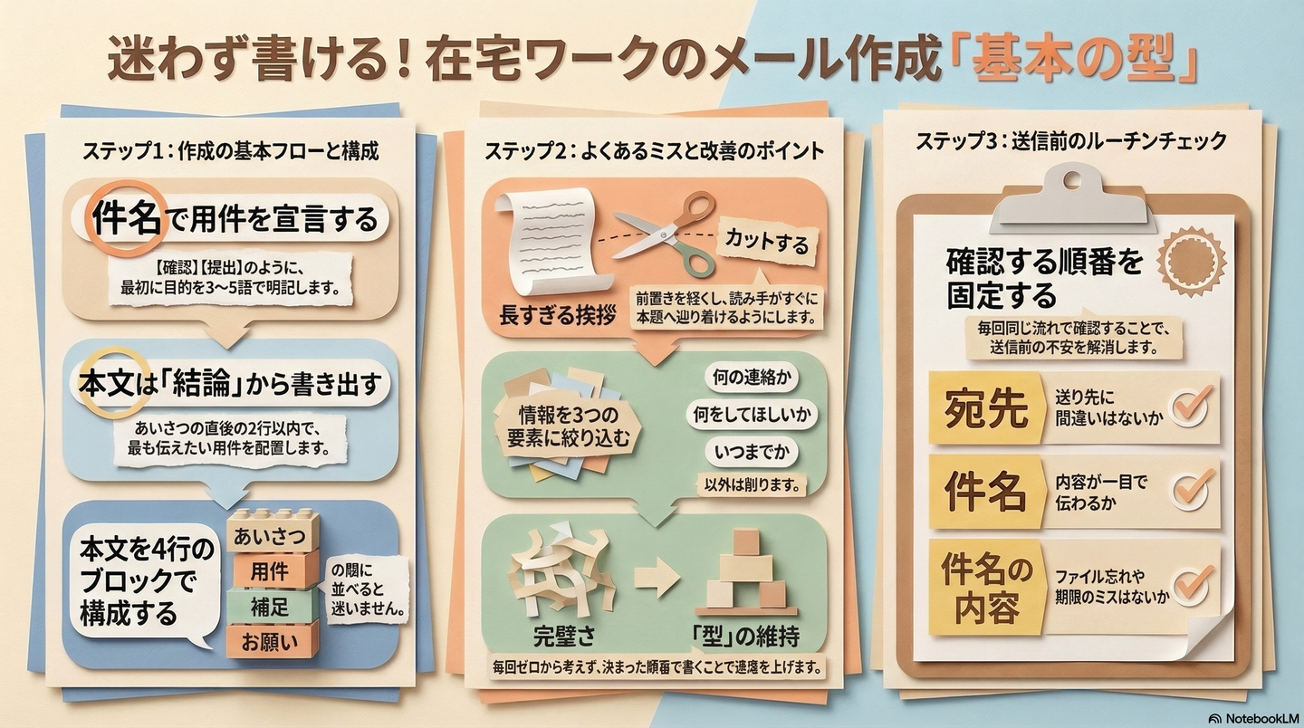 在宅でできる仕事用メール文の型｜短くて伝わる基本の並べ方