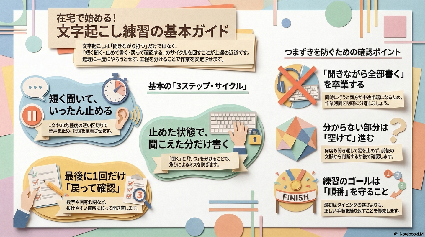 在宅でできる文字起こし練習の始め方｜聞き取りと入力を分けて進める