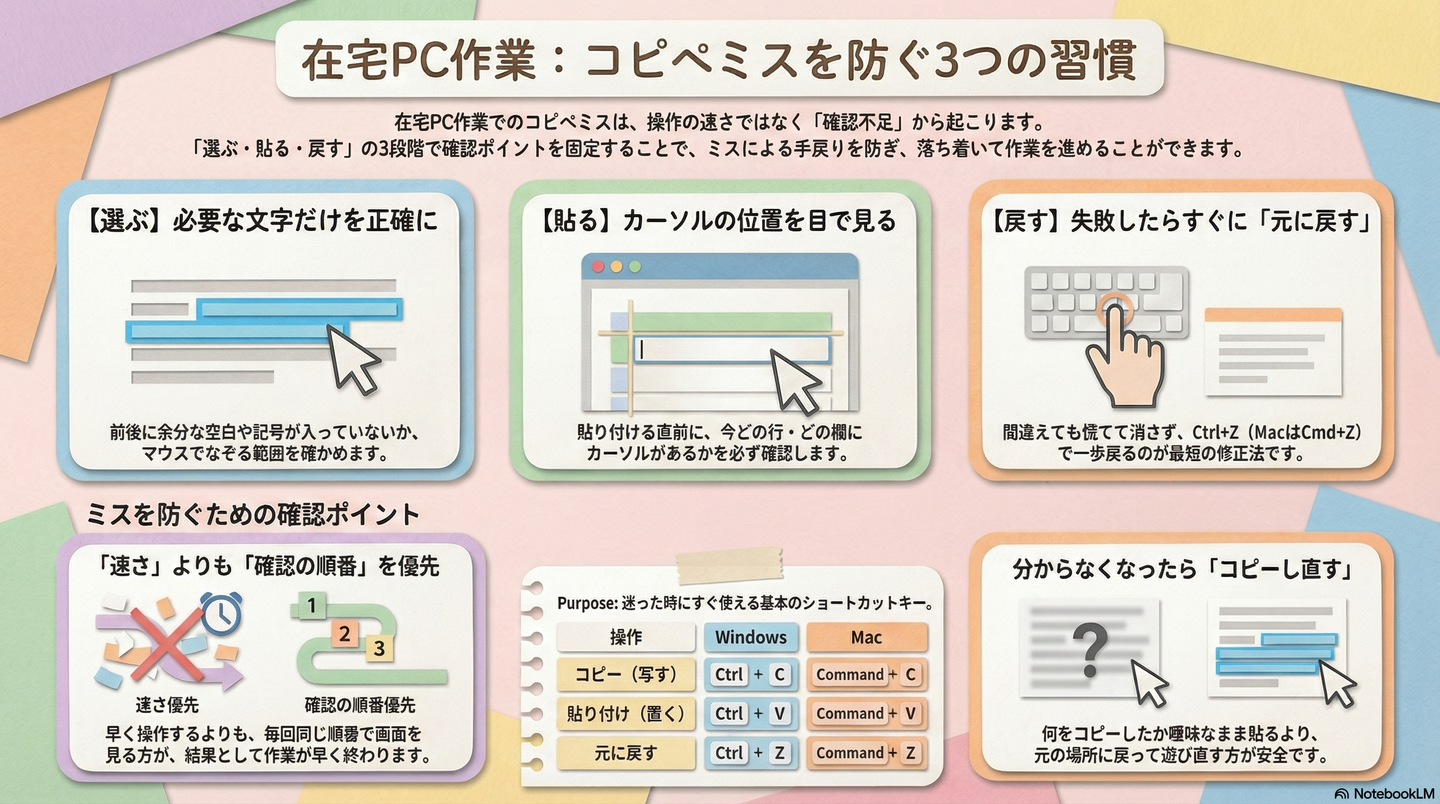 在宅でできるコピペ作業のミス防止｜選ぶ場所と貼る場所をそろえて落ち着いて進める