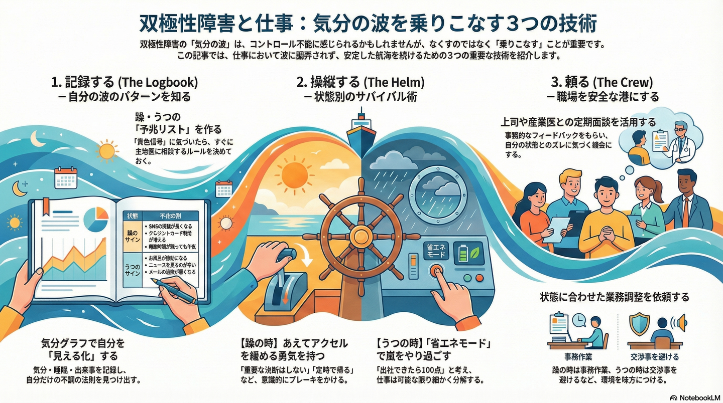 双極性障害（躁うつ病）と仕事｜波を乗りこなし安定して働き続けるためのコツ 要約図解
