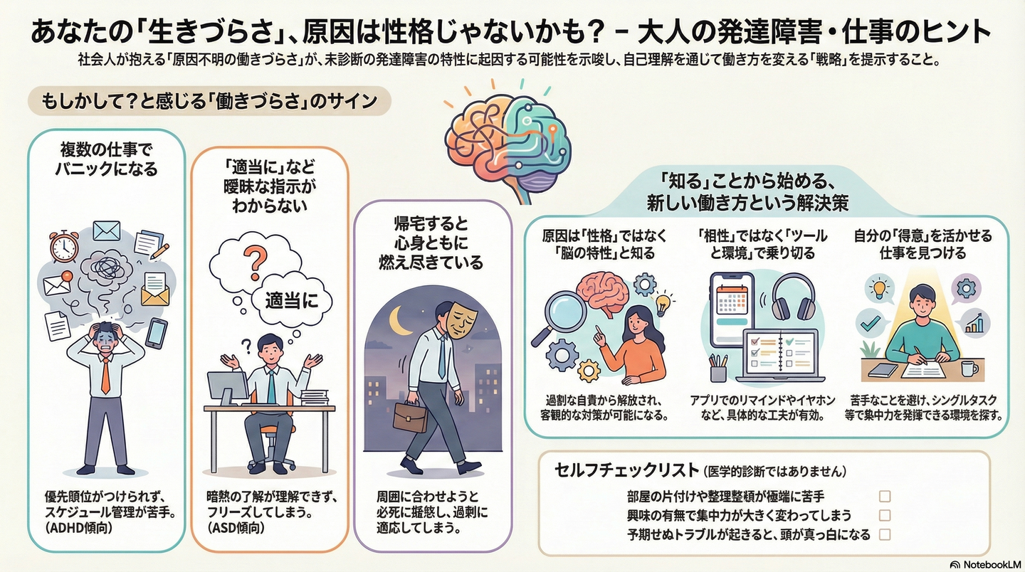 「生きづらさ」の正体は？大人の発達障害（未診断）に気づき、自分らしく働く方法 要約図解