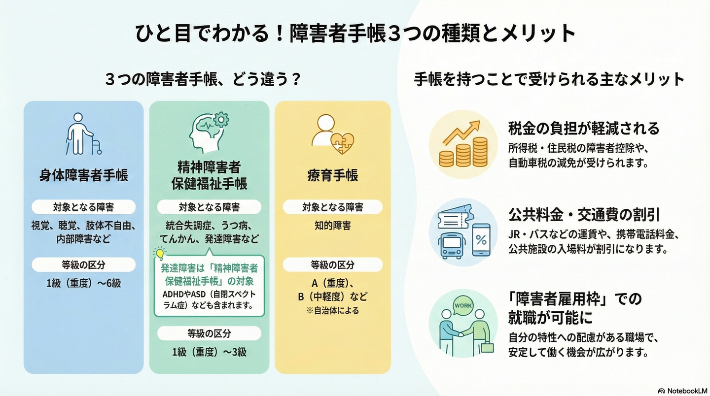 障害者手帳の種類と等級（身体・精神・療育）の違いとは？メリットと取得方法