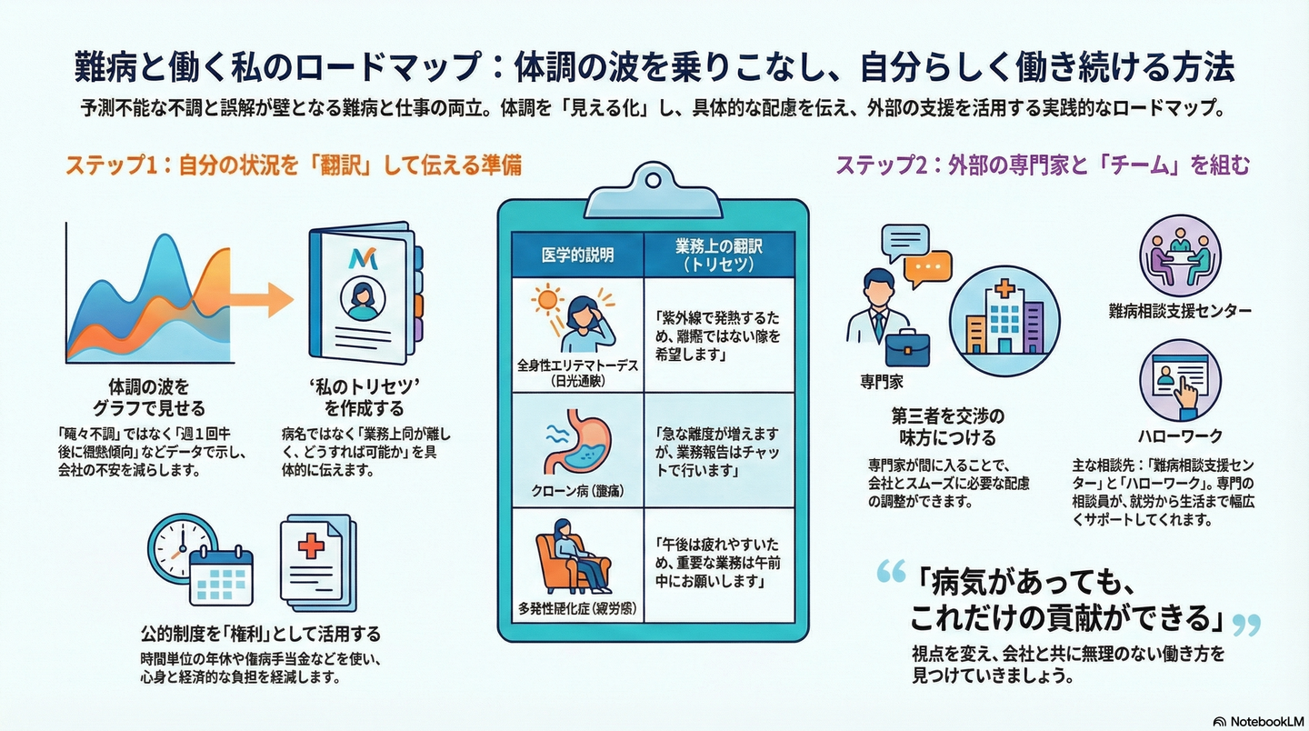 難病のある方の就労支援｜体調の波と「自分らしい働き方」を両立させるためのロードマップ 要約図解