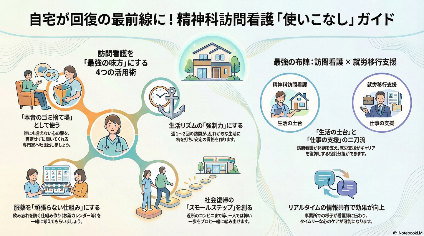 精神科訪問看護の活用｜自宅で受けられる心のケアと社会復帰への第一歩 要約図解