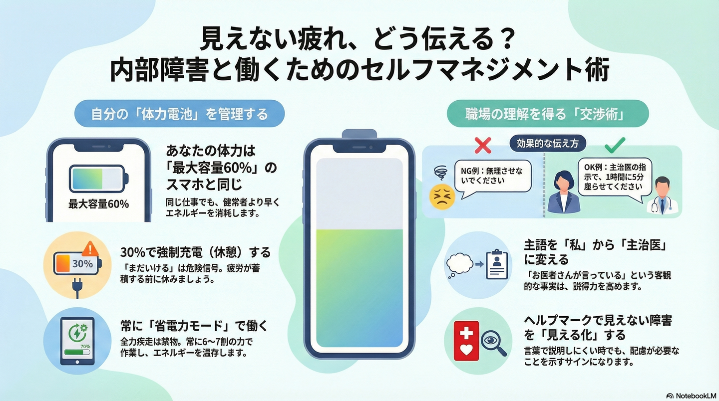 内部障害と仕事｜外見からは見えない「疲れやすさ」と向き合い、安定して働くコツ 要約図解