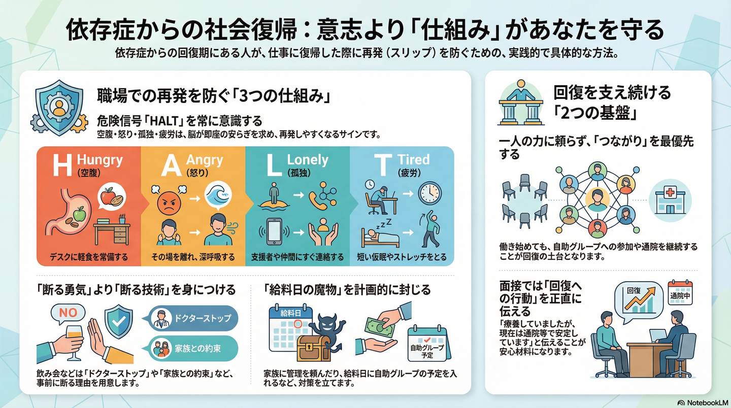 依存症からの社会復帰｜「働きたい」を支える新しい習慣と、再発を防ぐための環境作り 要約図解