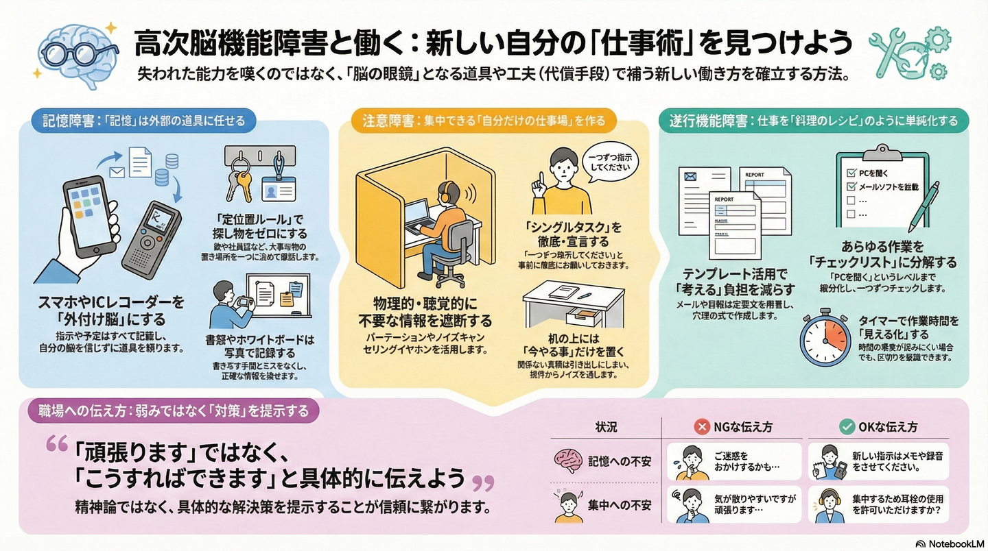 高次脳機能障害と仕事｜目に見えない「困りごと」と向き合い、自分らしく働く方法 要約図解