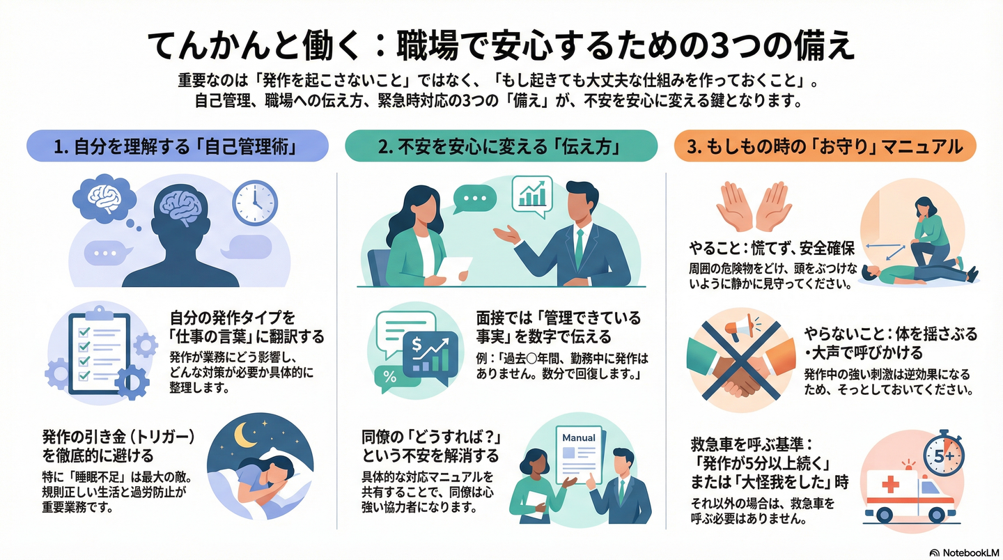 てんかん発作への理解と仕事｜職場で安心して働くための備えと周囲への伝え方 要約図解
