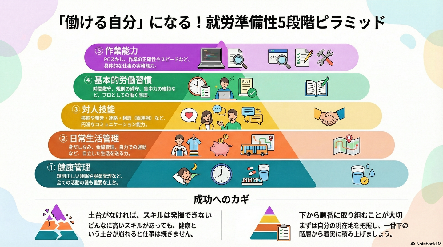 【就労準備】5つの重要要素｜着実なステップで「働ける自分」を育てるガイド 要約図解