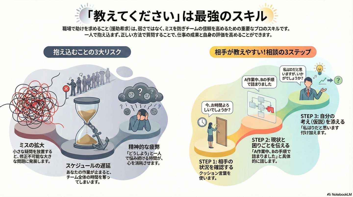 【基本動作】助けを呼ぶ力｜職場で「教えてください」と言えることは最強のスキル 要約図解