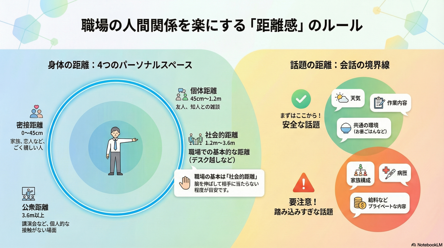 【対人スキル】パーソナルスペース｜職場の「距離感」で失敗しないためのガイド 要約図解