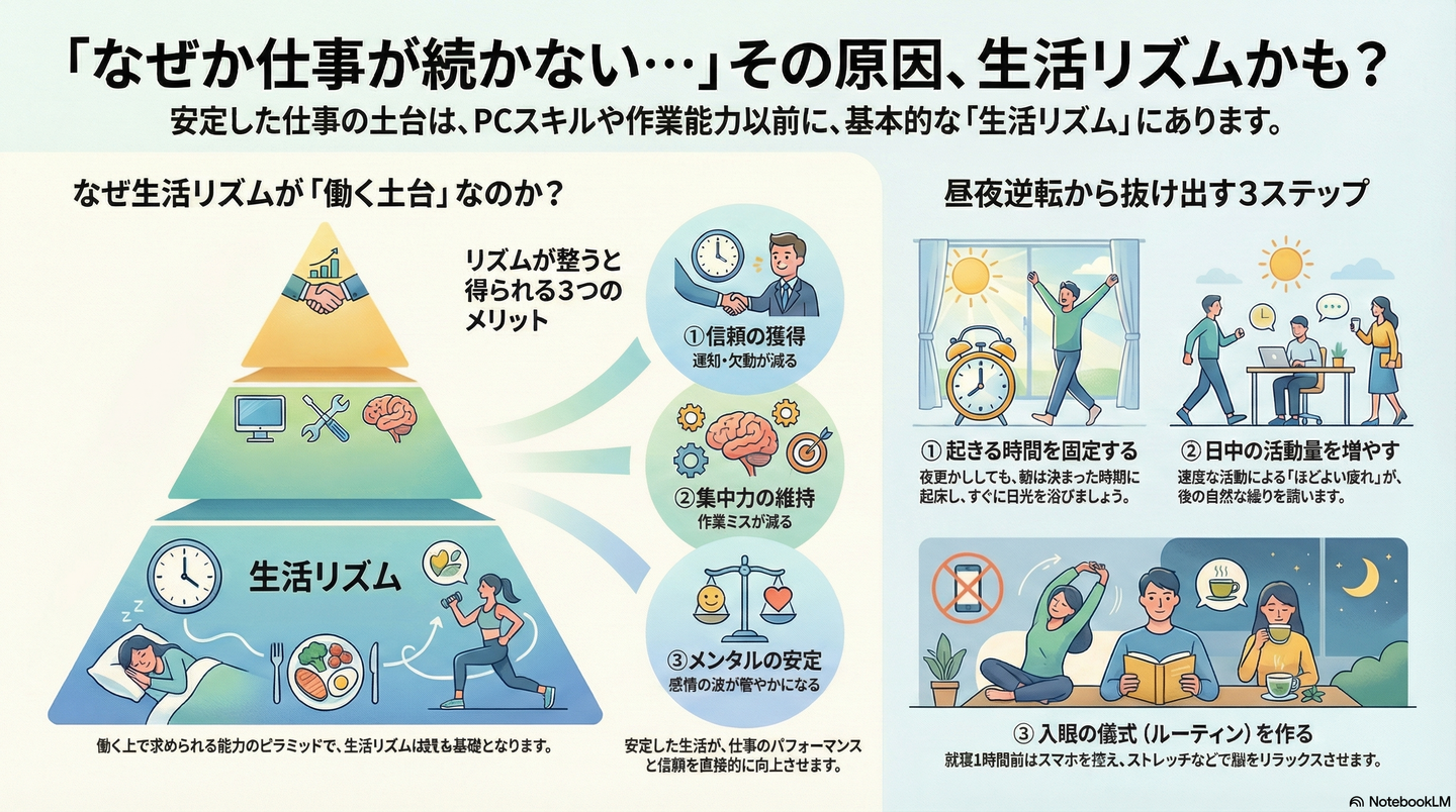 【健康管理】生活リズムの改善｜安定して働き続けるための「睡眠・起床」の整え方 要約図解