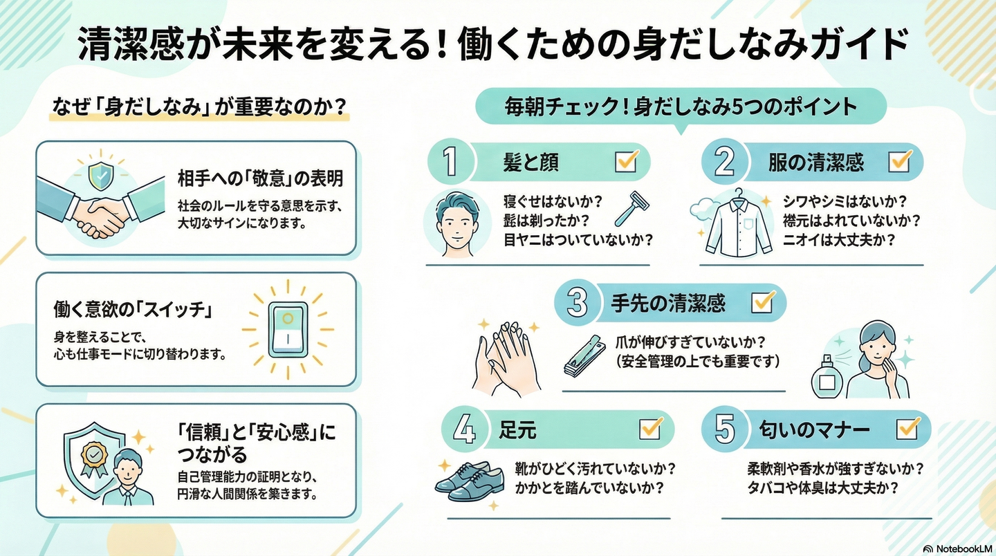 【ビジネスマナー】身だしなみ｜清潔感は「相手への敬意」と「働く意欲」の第一歩 要約図解