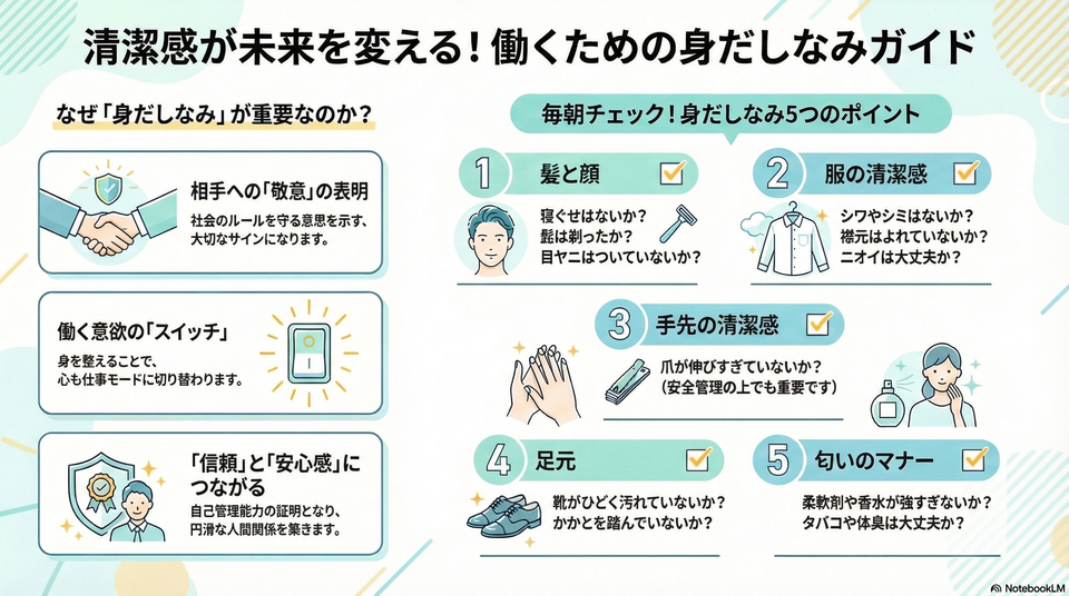 【ビジネスマナー】身だしなみ｜清潔感は「相手への敬意」と「働く意欲」の第一歩 要約図解