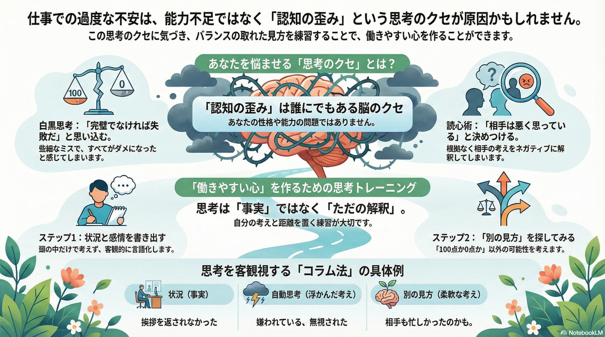【思考のクセ】認知行動療法（CBT）を仕事に活かし、不安を軽減する 要約図解