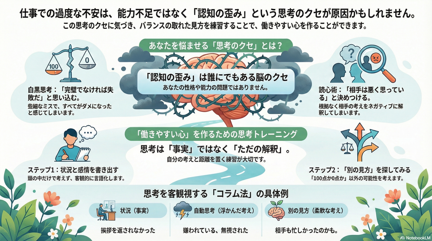 【思考のクセ】認知行動療法（CBT）を仕事に活かし、不安を軽減する 要約図解