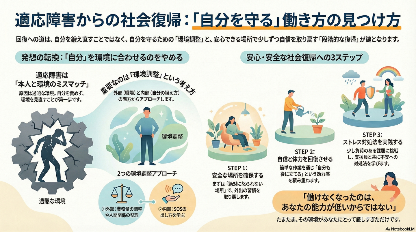 【セルフケア】適応障害と仕事｜「自分を守る」環境調整とストレス対処法 要約図解