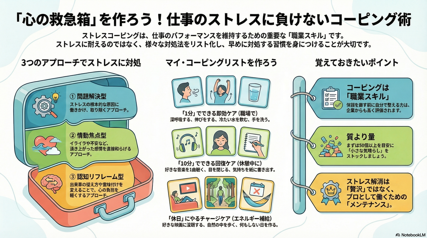 【ストレス管理】コーピングリストの作成。自分に合った休息法の実践 要約図解