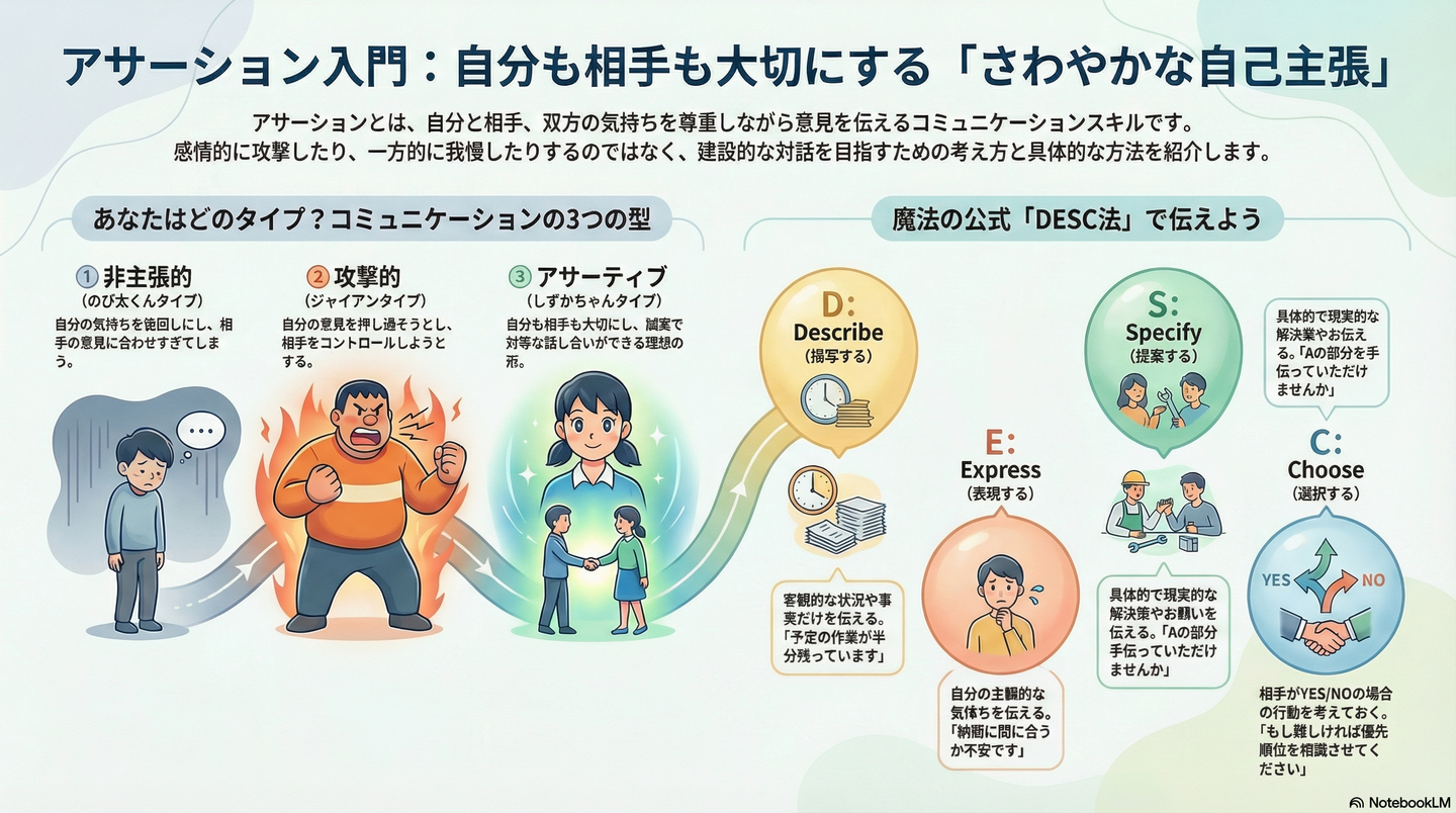 【対人スキル】アサーション訓練｜自分も相手も大切にする「さわやかな自己主張」 要約図解
