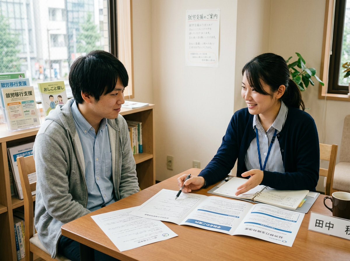 就労支援の手続きや見学内容を一緒に確認する様子