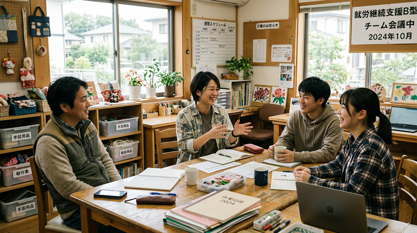 利用開始後の支援についてスタッフが共有する様子