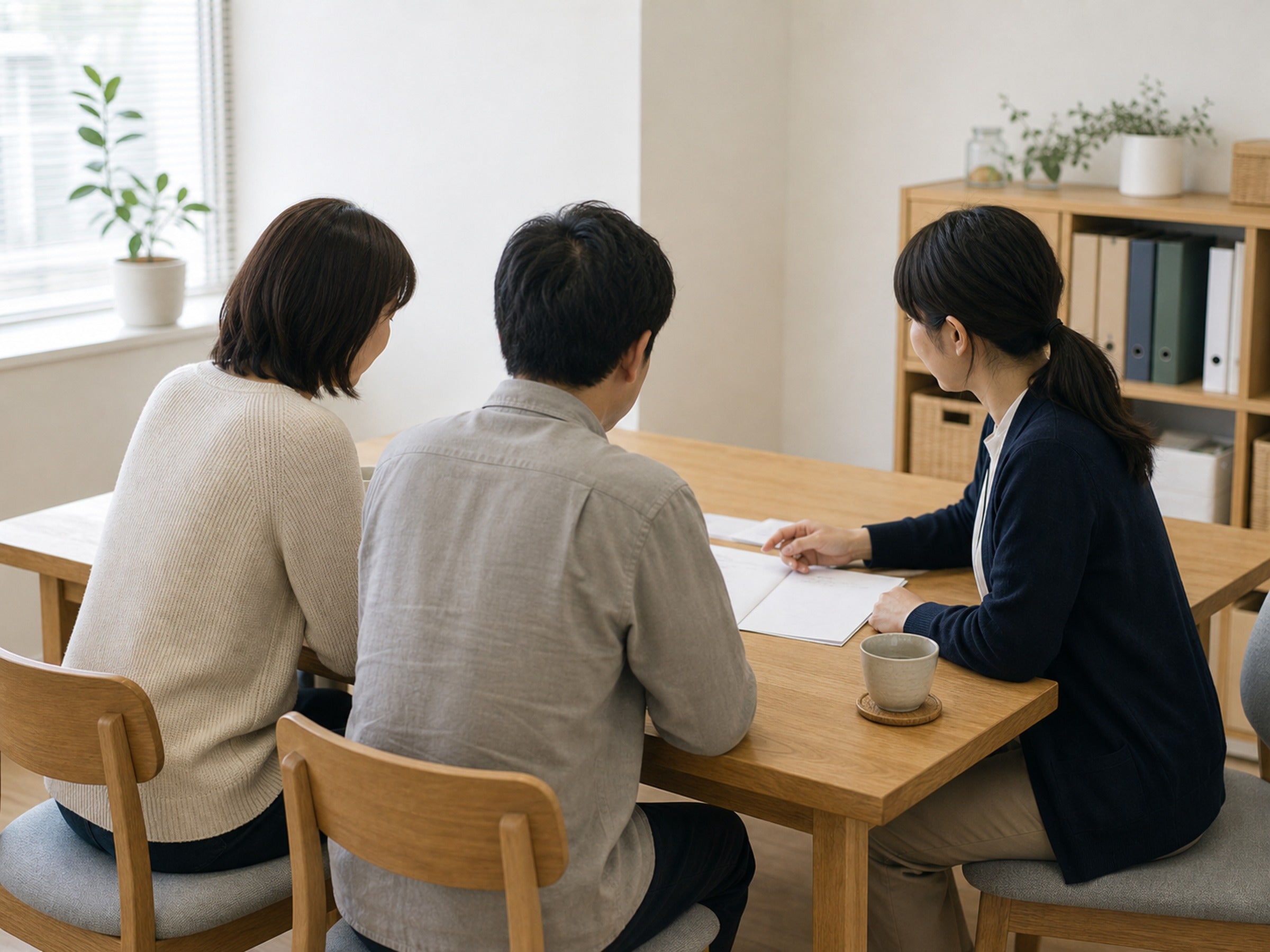 家族や支援者と一緒に資料を見る相談場面