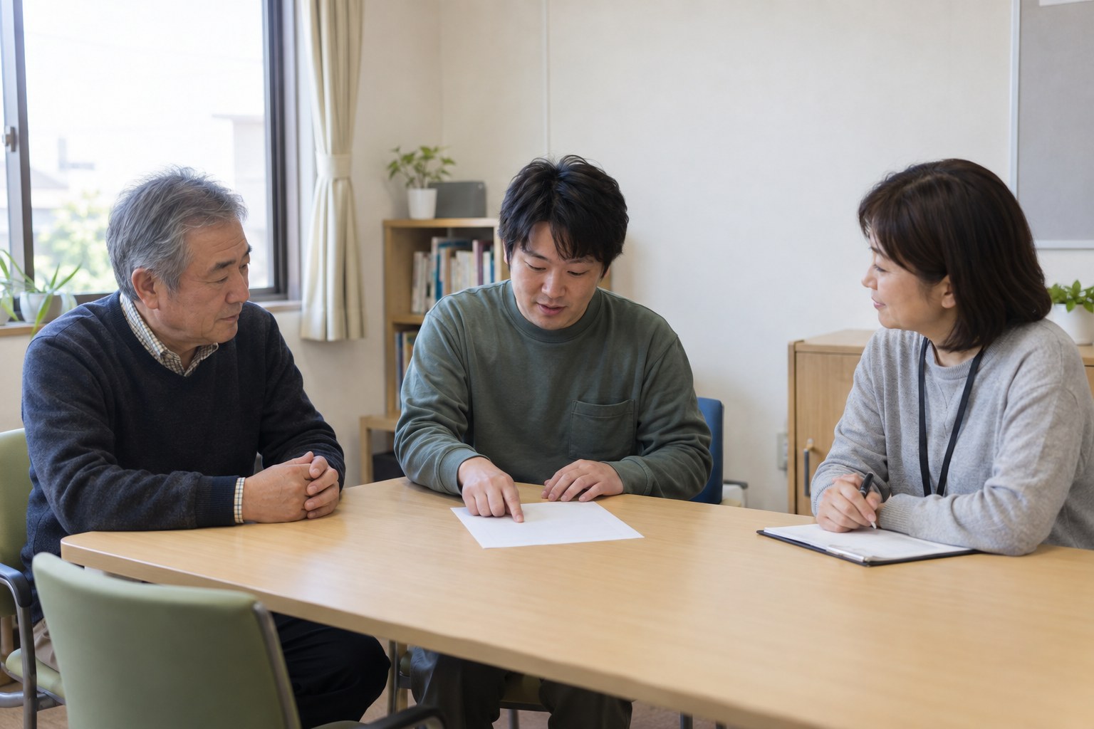 本人と家族、支援員が同じテーブルで話す様子