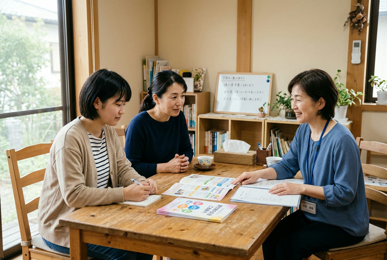 本人と家族がスタッフに見学の相談をしている様子