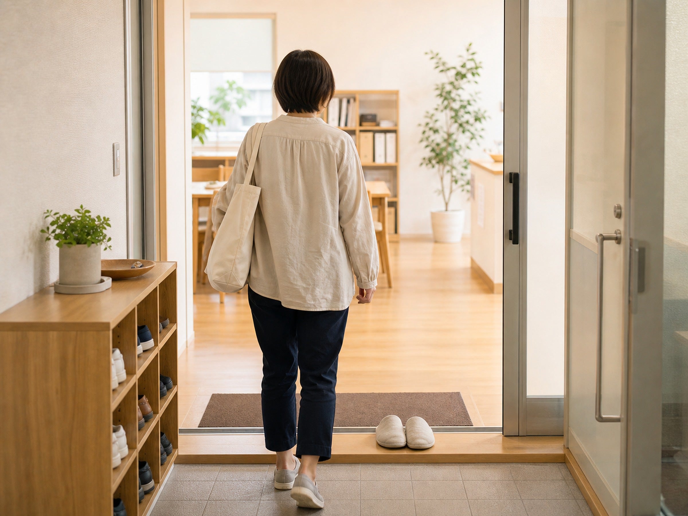 明るい入口から事業所へ入る後ろ姿